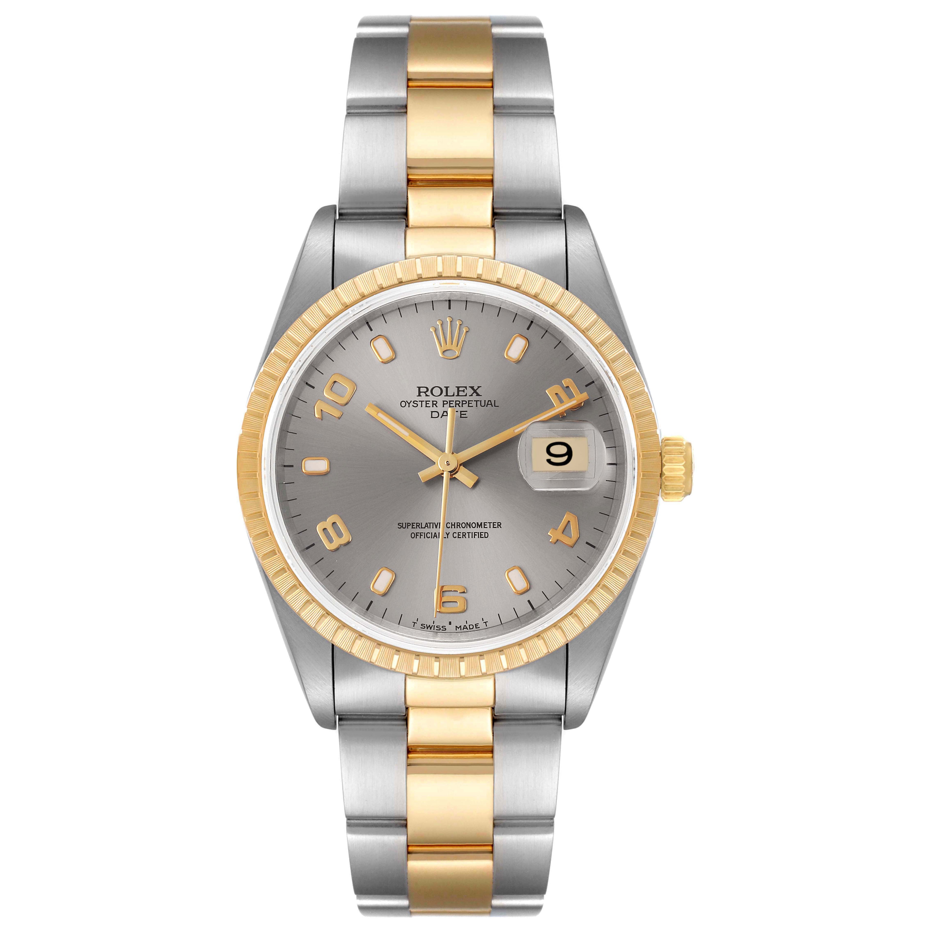Rolex Date Steel Yellow Gold Slate Dial Mens Watch 15223