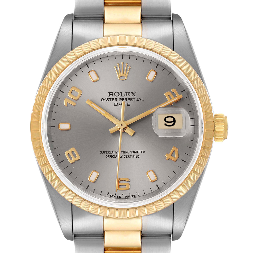 Rolex Date Steel Yellow Gold Slate Dial Mens Watch 15223