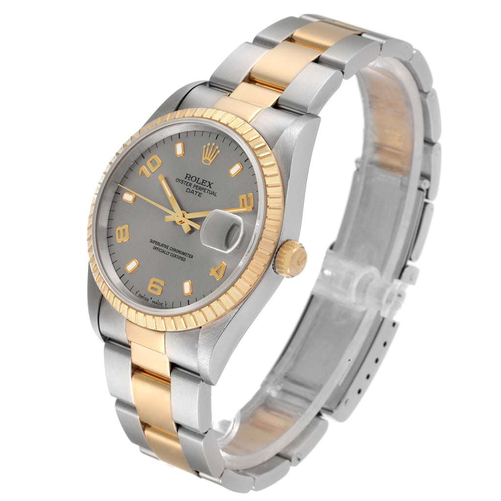 Rolex Date Steel Yellow Gold Slate Dial Mens Watch 15223