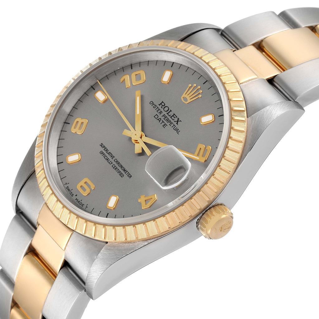 Rolex Date Steel Yellow Gold Slate Dial Mens Watch 15223