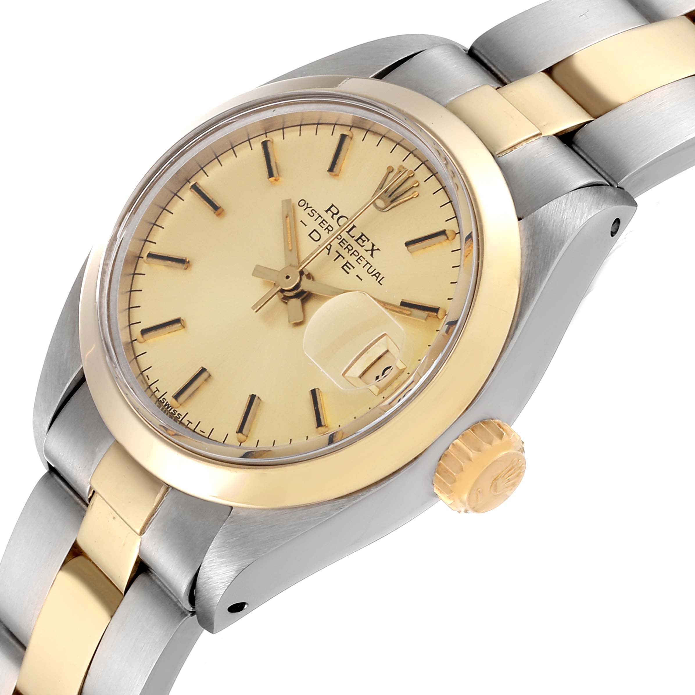 Rolex Date Steel Yellow Gold Smooth Bezel Champagne Dial Ladies Watch 6916