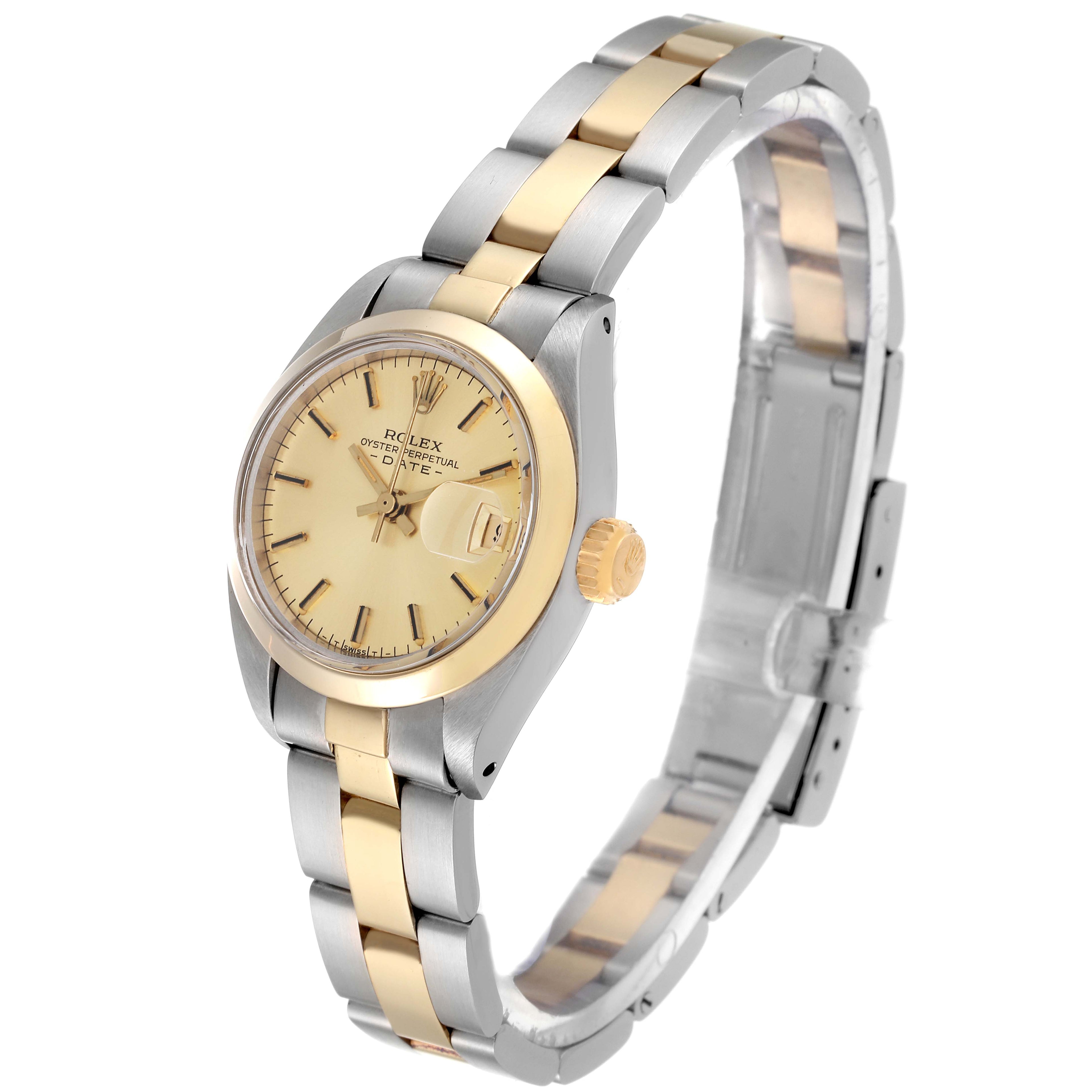 Rolex Date Steel Yellow Gold Smooth Bezel Champagne Dial Ladies Watch 6916