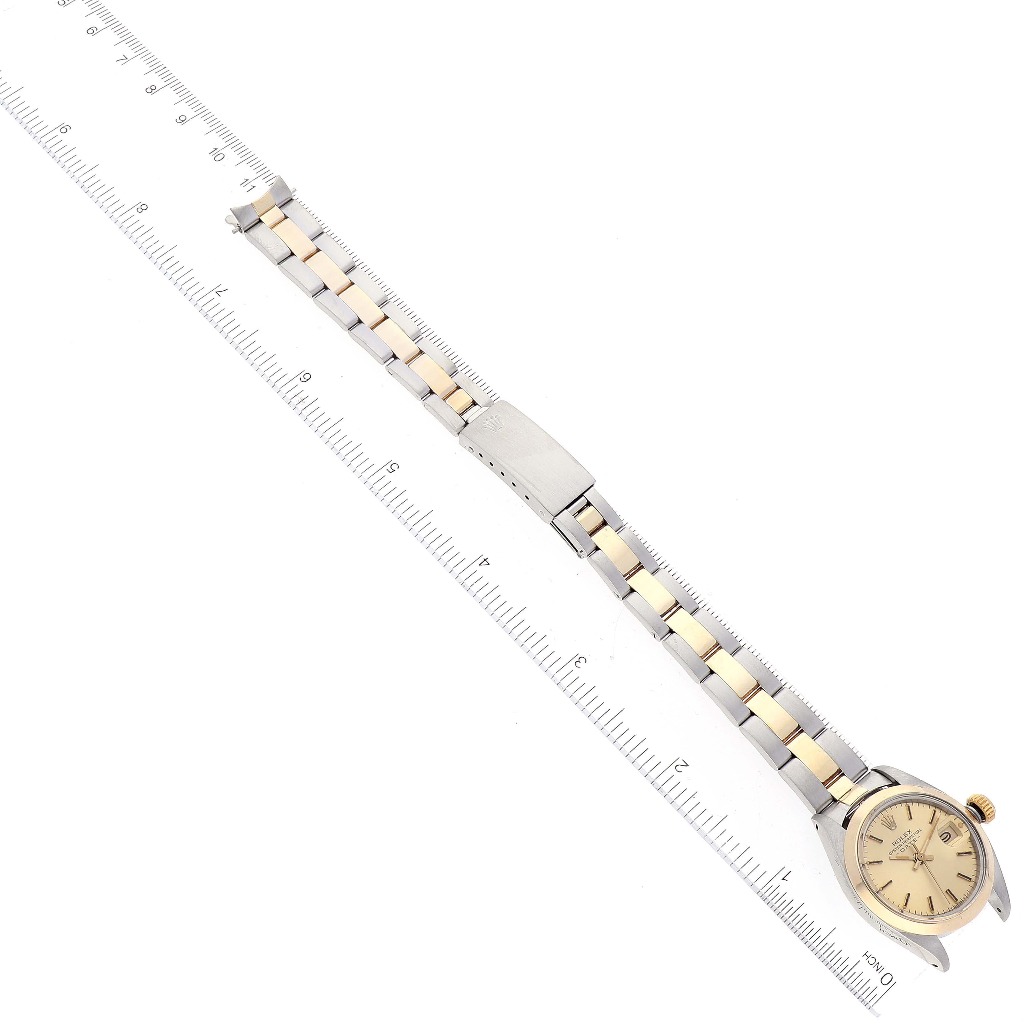 Rolex Date Steel Yellow Gold Smooth Bezel Champagne Dial Ladies Watch 6916