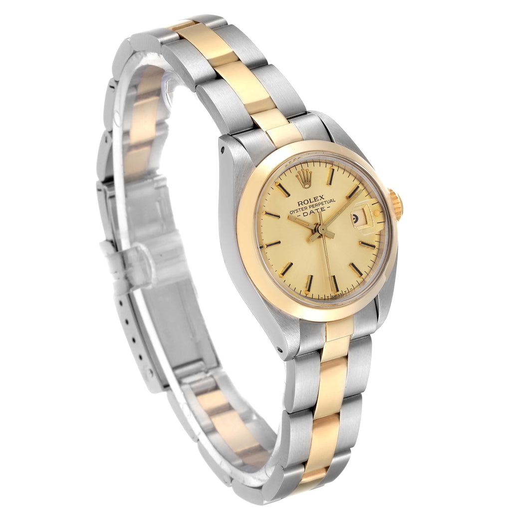 Rolex Date Steel Yellow Gold Smooth Bezel Champagne Dial Ladies Watch 6916