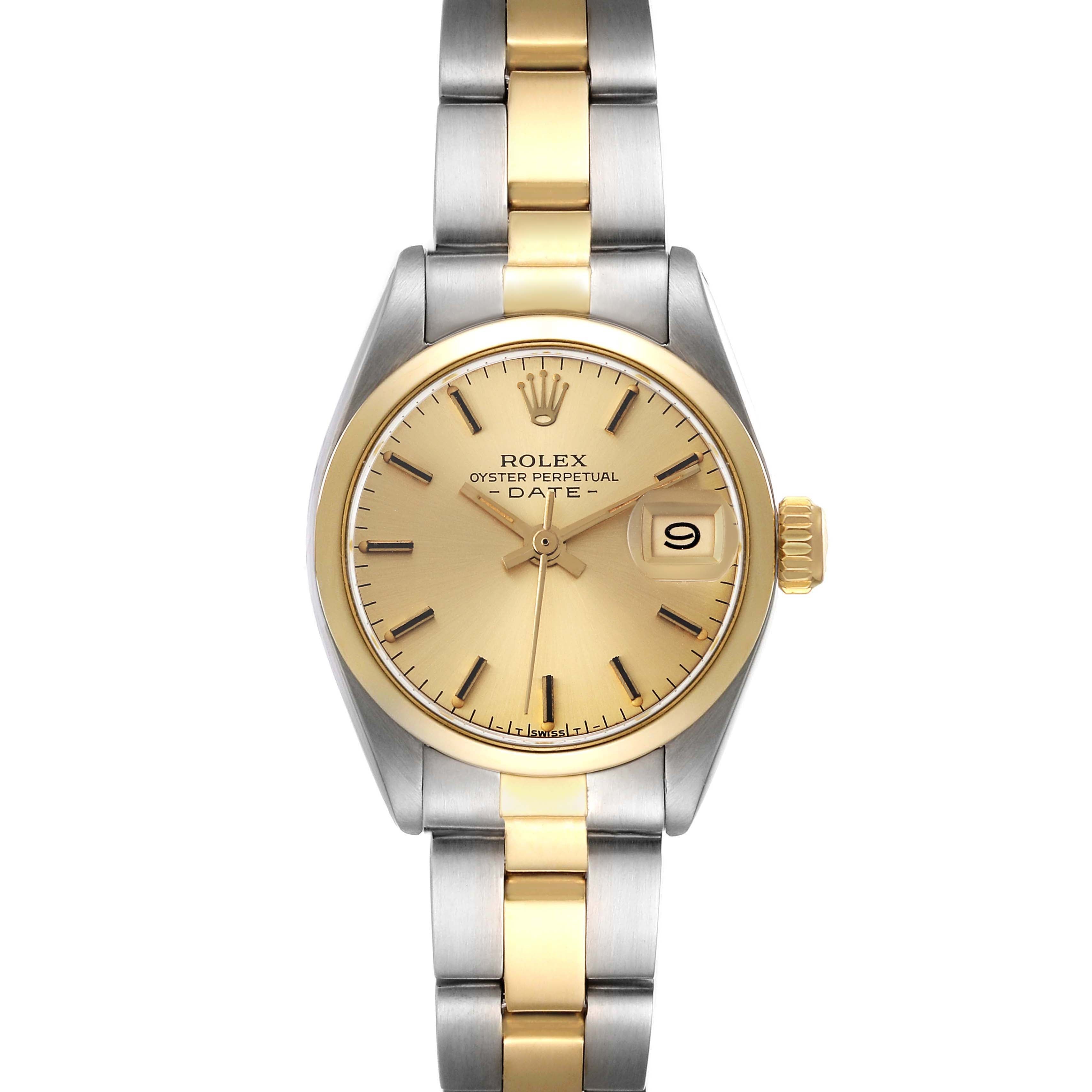 Rolex Date Steel Yellow Gold Smooth Bezel Champagne Dial Ladies Watch 6916