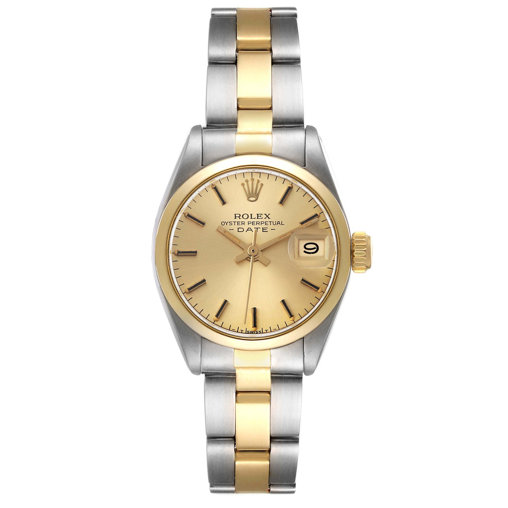 Rolex Date Steel Yellow Gold Smooth Bezel Champagne Dial Ladies Watch 6916