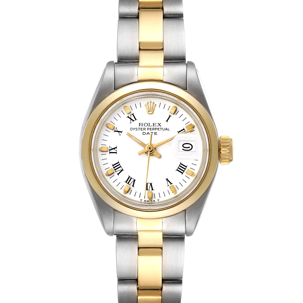 Rolex Date Steel Yellow Gold White Dial Smooth Bezel Ladies Watch 6916