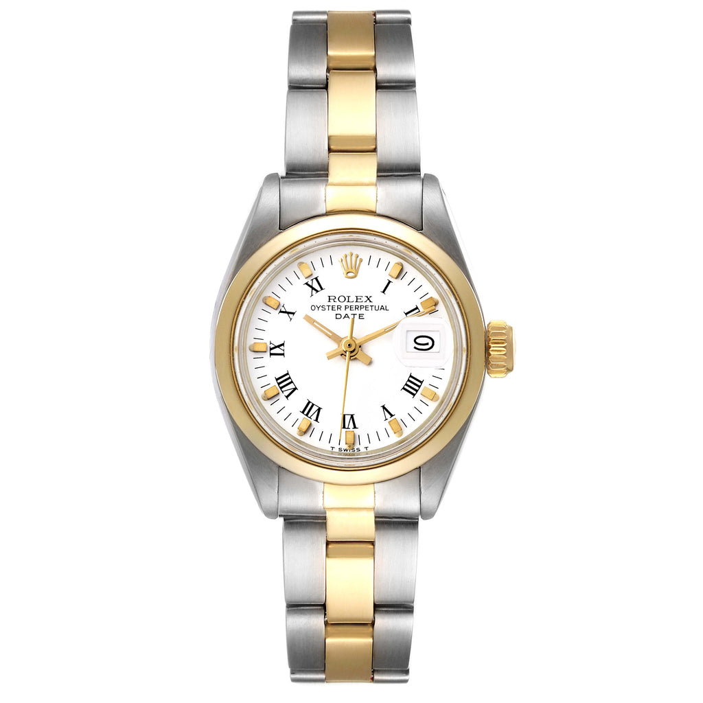 Rolex Date Steel Yellow Gold White Dial Smooth Bezel Ladies Watch 6916