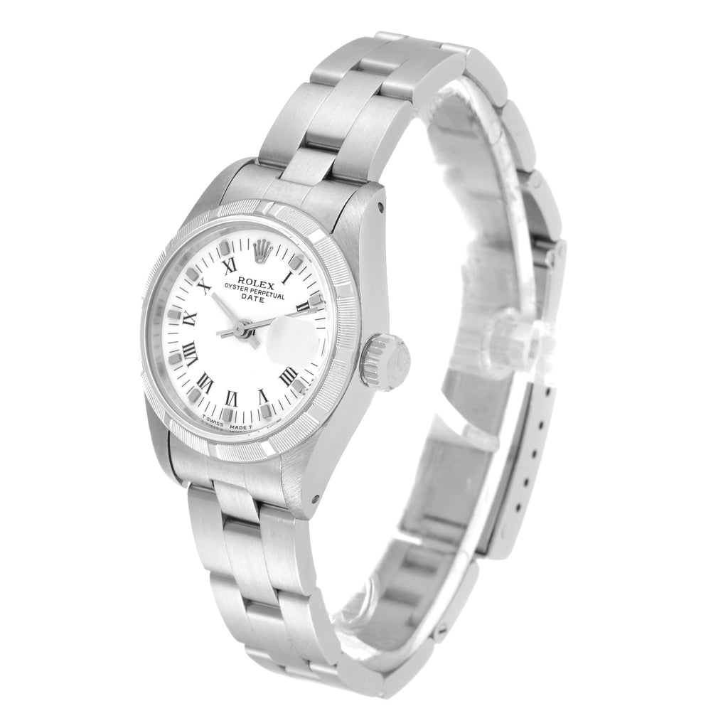 Rolex Date White Dial Engine Turned Bezel Steel Ladies Watch 69190