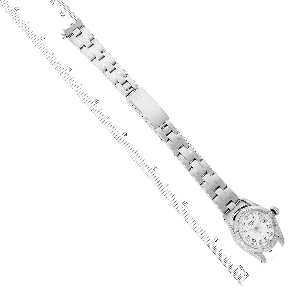 Rolex Date White Dial Engine Turned Bezel Steel Ladies Watch 69190