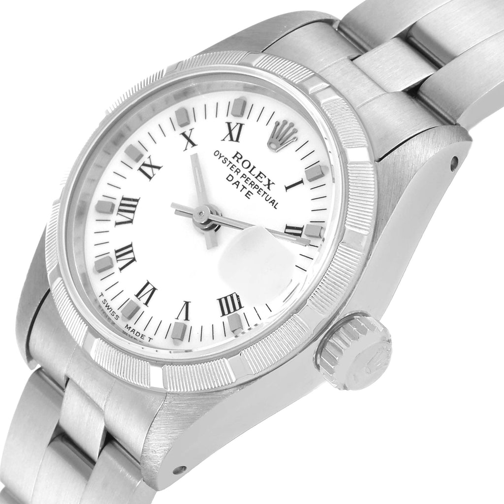 Rolex Date White Dial Engine Turned Bezel Steel Ladies Watch 69190