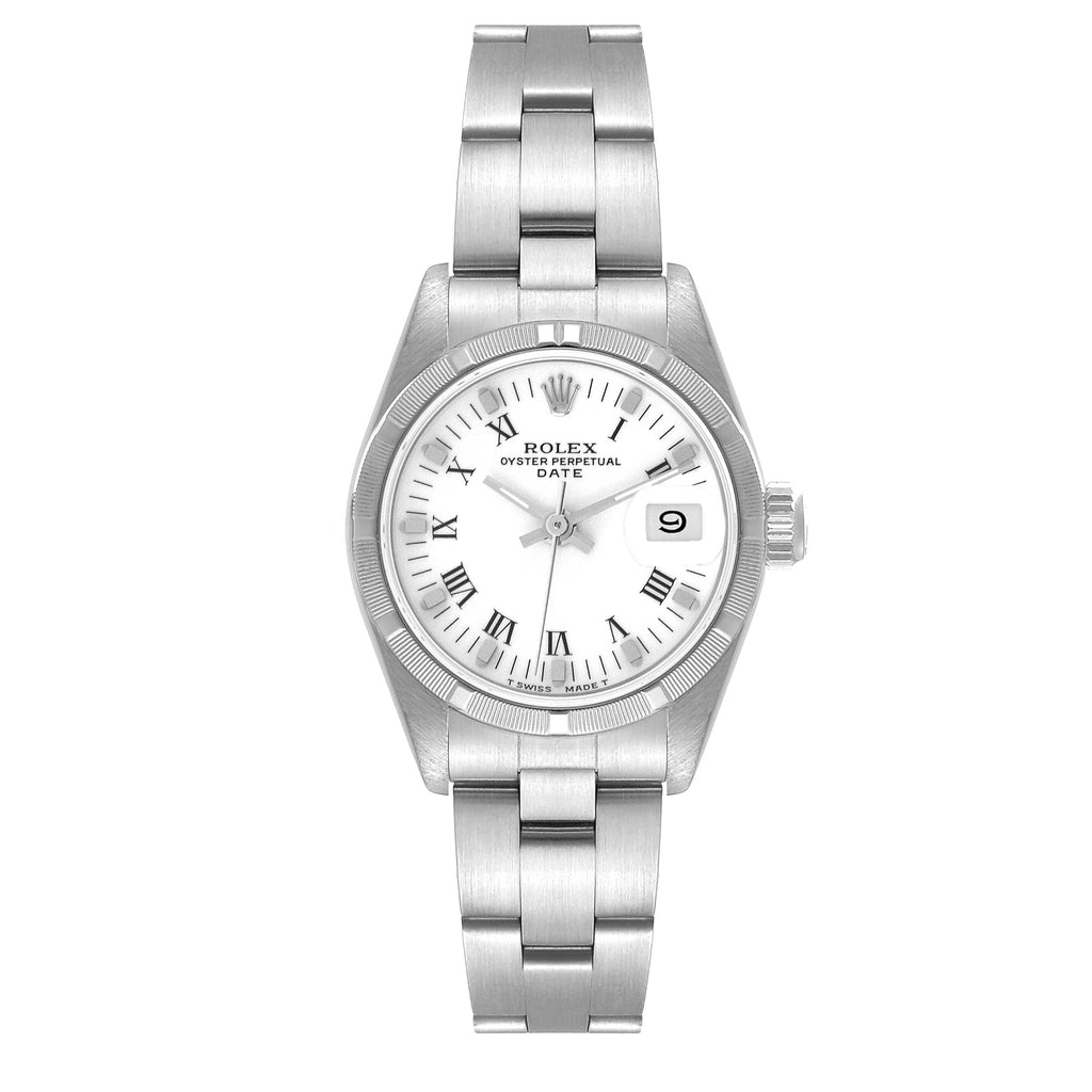 Rolex Date White Dial Engine Turned Bezel Steel Ladies Watch 69190
