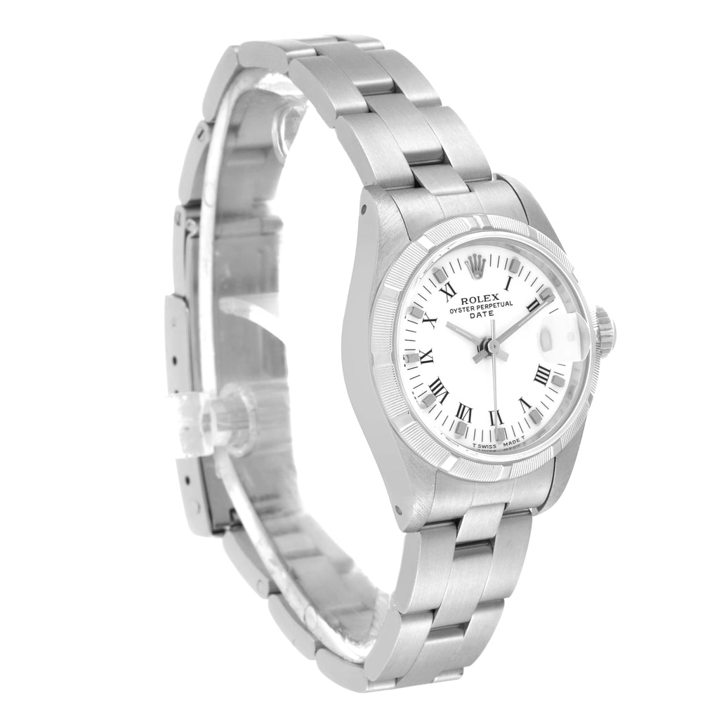 Rolex Date White Dial Engine Turned Bezel Steel Ladies Watch 69190
