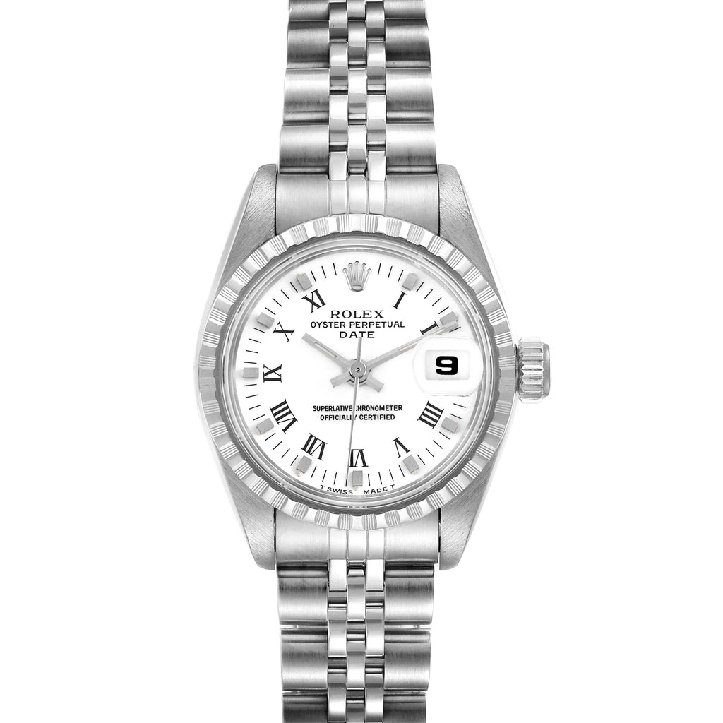 Rolex Date White Roman Dial Steel Ladies Watch 69240