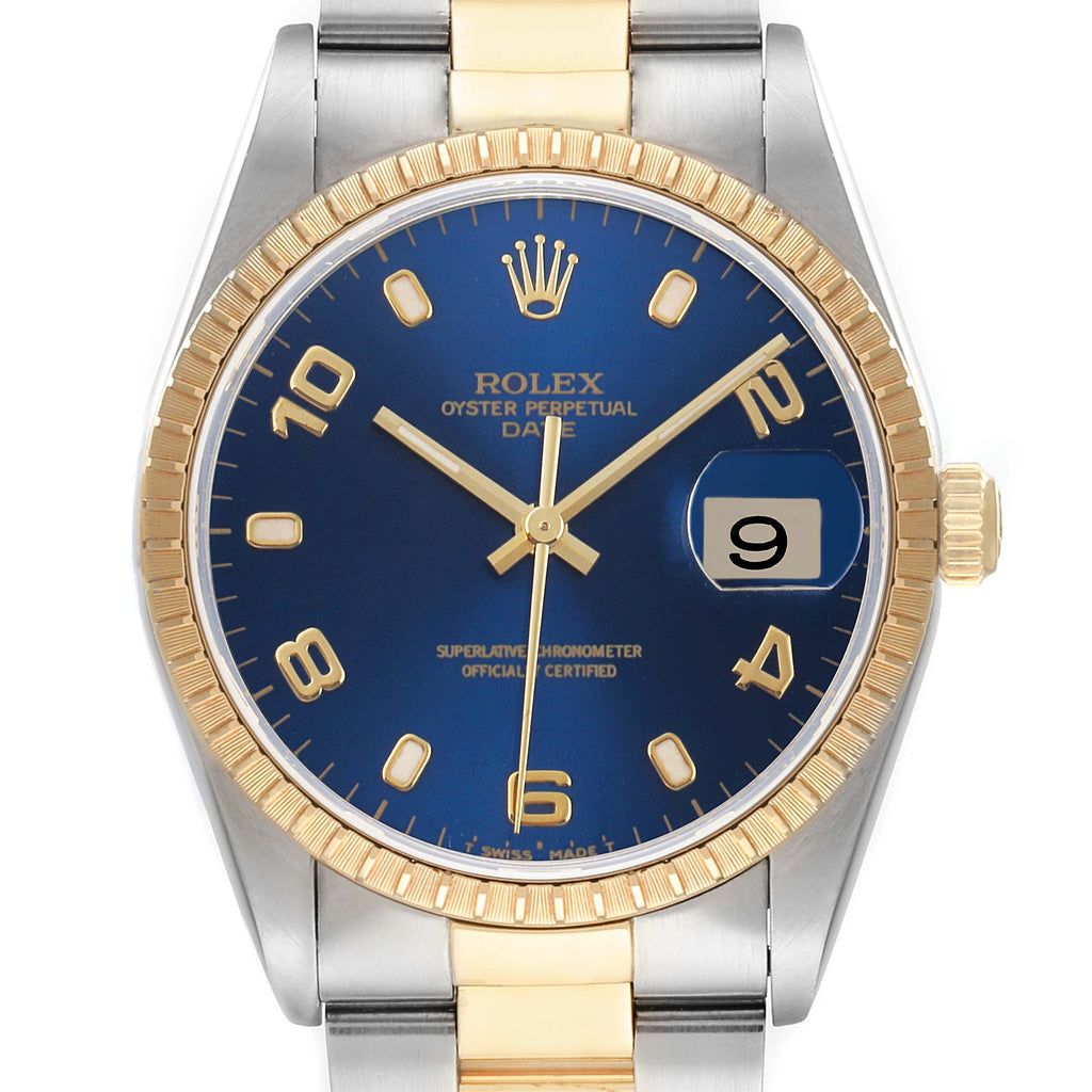 Rolex Date Yellow Gold Steel Blue Dial Mens Watch 15223