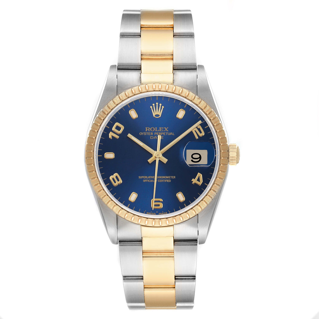 Rolex Date Yellow Gold Steel Blue Dial Mens Watch 15223