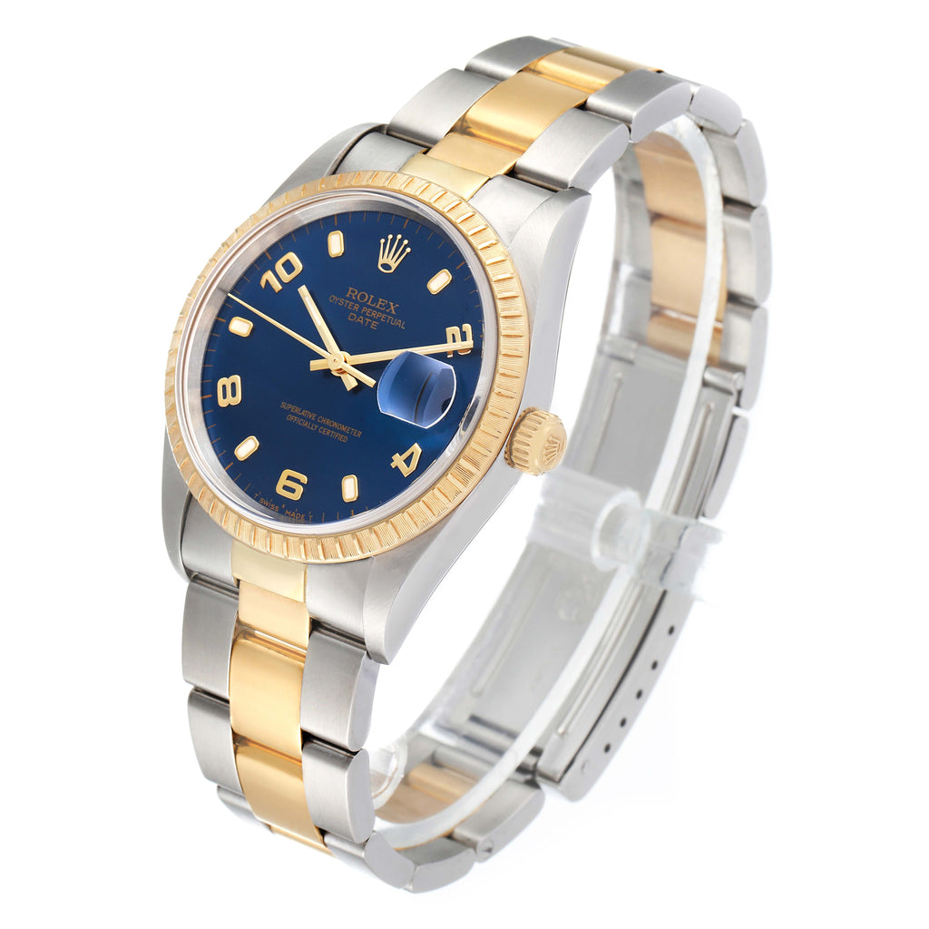 Rolex Date Yellow Gold Steel Blue Dial Mens Watch 15223