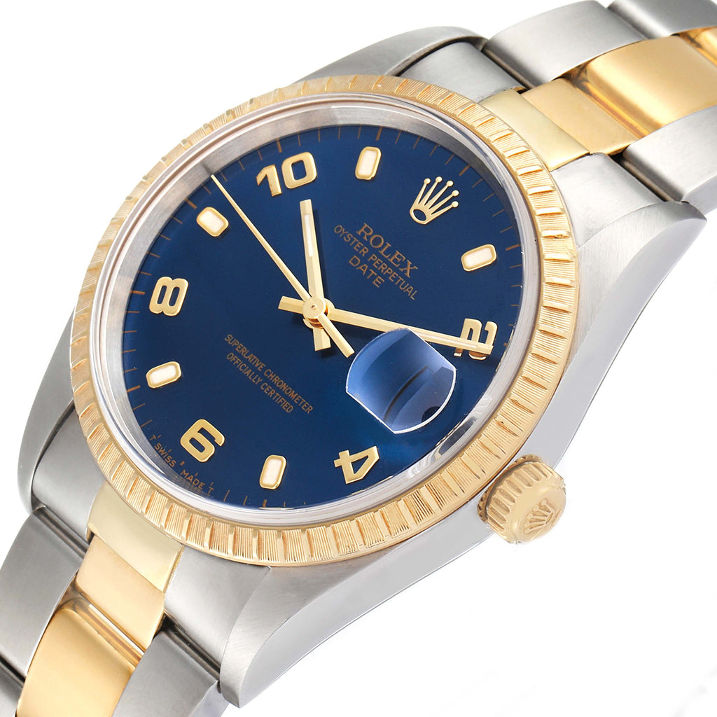 Rolex Date Yellow Gold Steel Blue Dial Mens Watch 15223