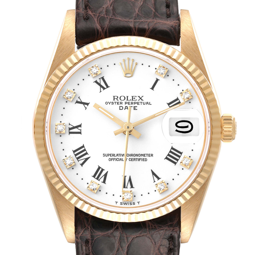 Rolex Date Yellow Gold White Diamond Dial Mens Watch 15238 Box Service Card