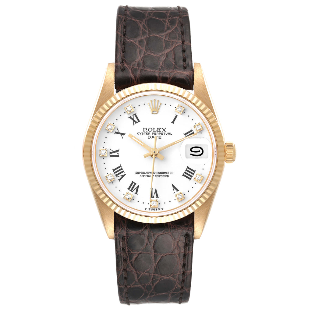 Rolex Date Yellow Gold White Diamond Dial Mens Watch 15238 Box Service Card