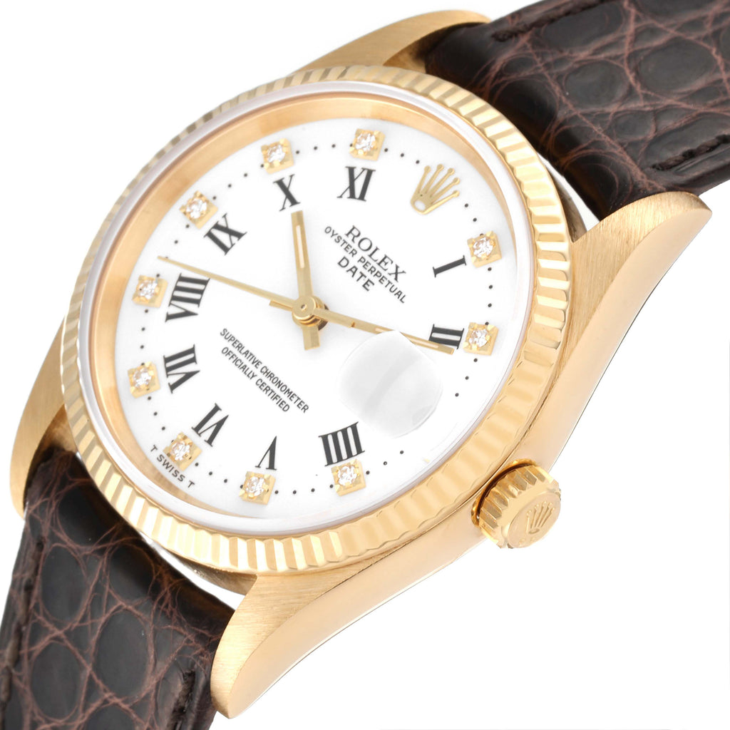 Rolex Date Yellow Gold White Diamond Dial Mens Watch 15238 Box Service Card