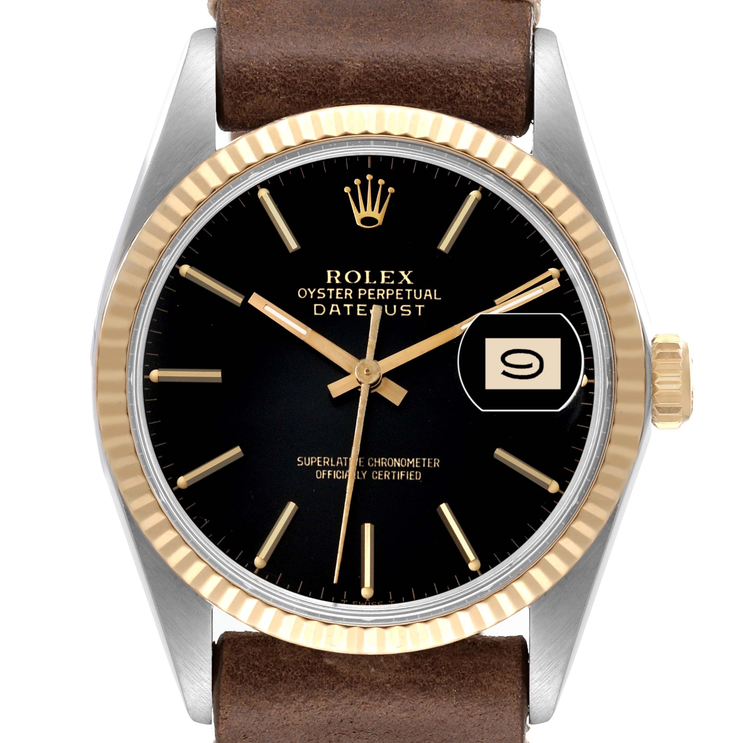 Rolex Datejust 36 Steel Yellow Gold Black Dial Vintage Mens Watch 16013