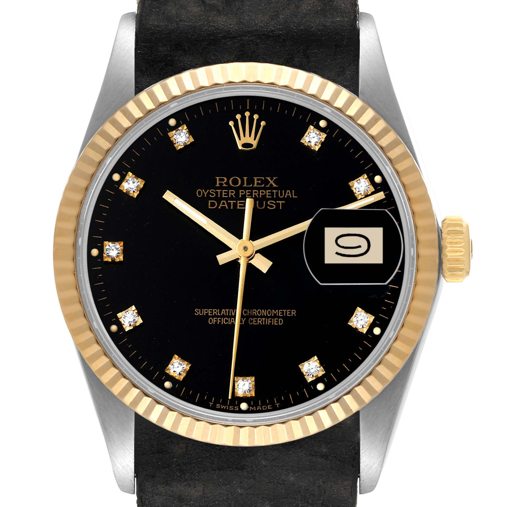 Rolex Datejust 36 Steel Yellow Gold Black Diamond Dial Vintage Mens Watch 16013