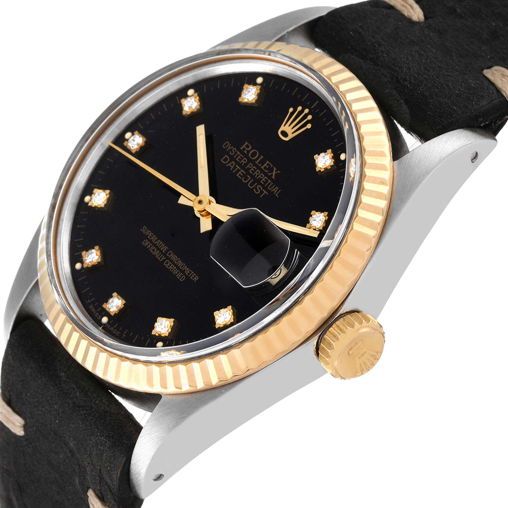 Rolex Datejust 36 Steel Yellow Gold Black Diamond Dial Vintage Mens Watch 16013