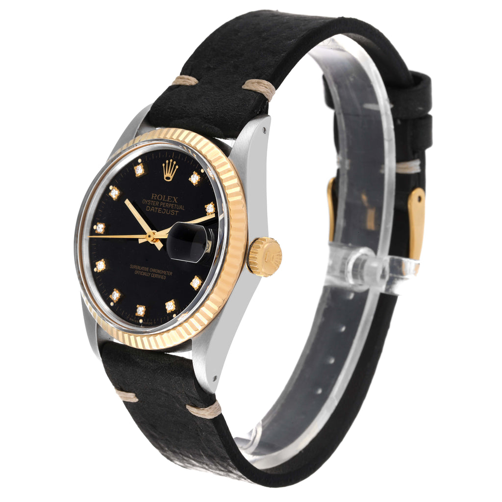 Rolex Datejust 36 Steel Yellow Gold Black Diamond Dial Vintage Mens Watch 16013