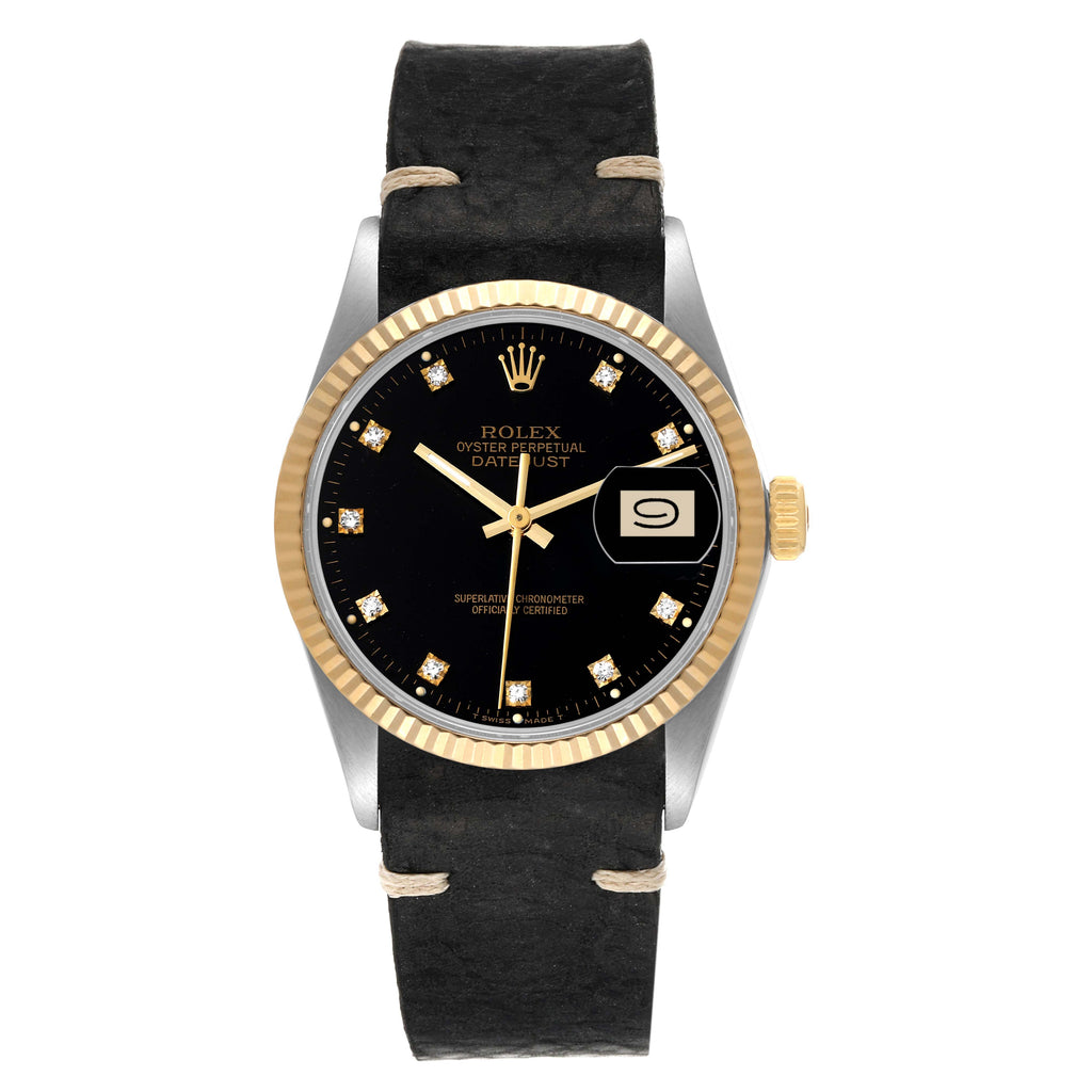 Rolex Datejust 36 Steel Yellow Gold Black Diamond Dial Vintage Mens Watch 16013