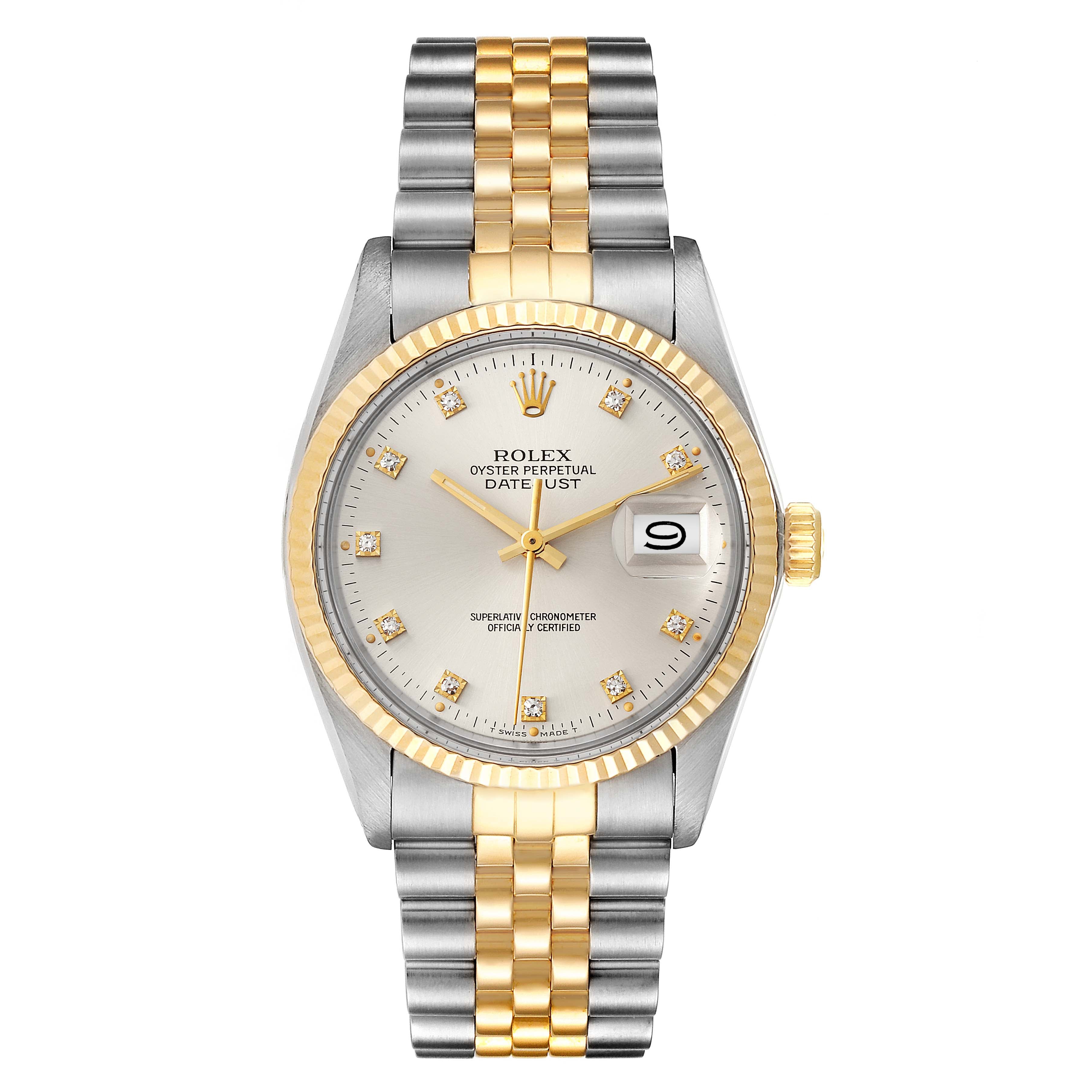Rolex Datejust 36 Steel Yellow Gold Diamond Dial Vintage Mens Watch 16013
