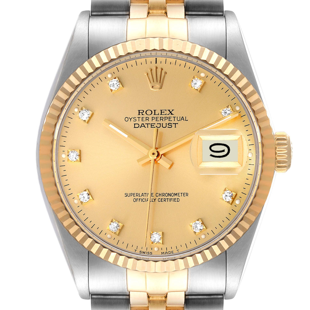 Rolex Datejust 36 Steel Yellow Gold Diamond Vintage Mens Watch 16013