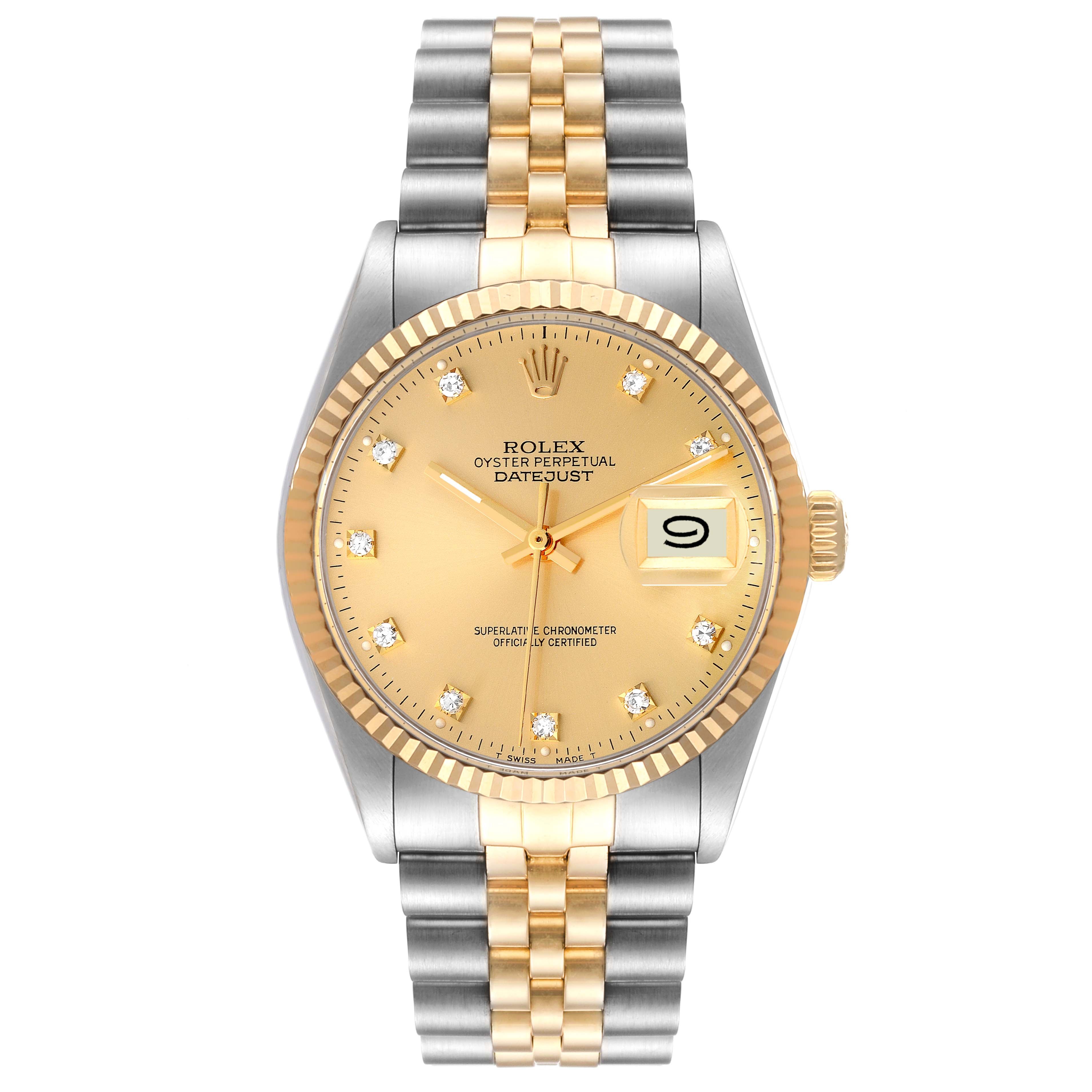 Rolex Datejust 36 Steel Yellow Gold Diamond Vintage Mens Watch 16013