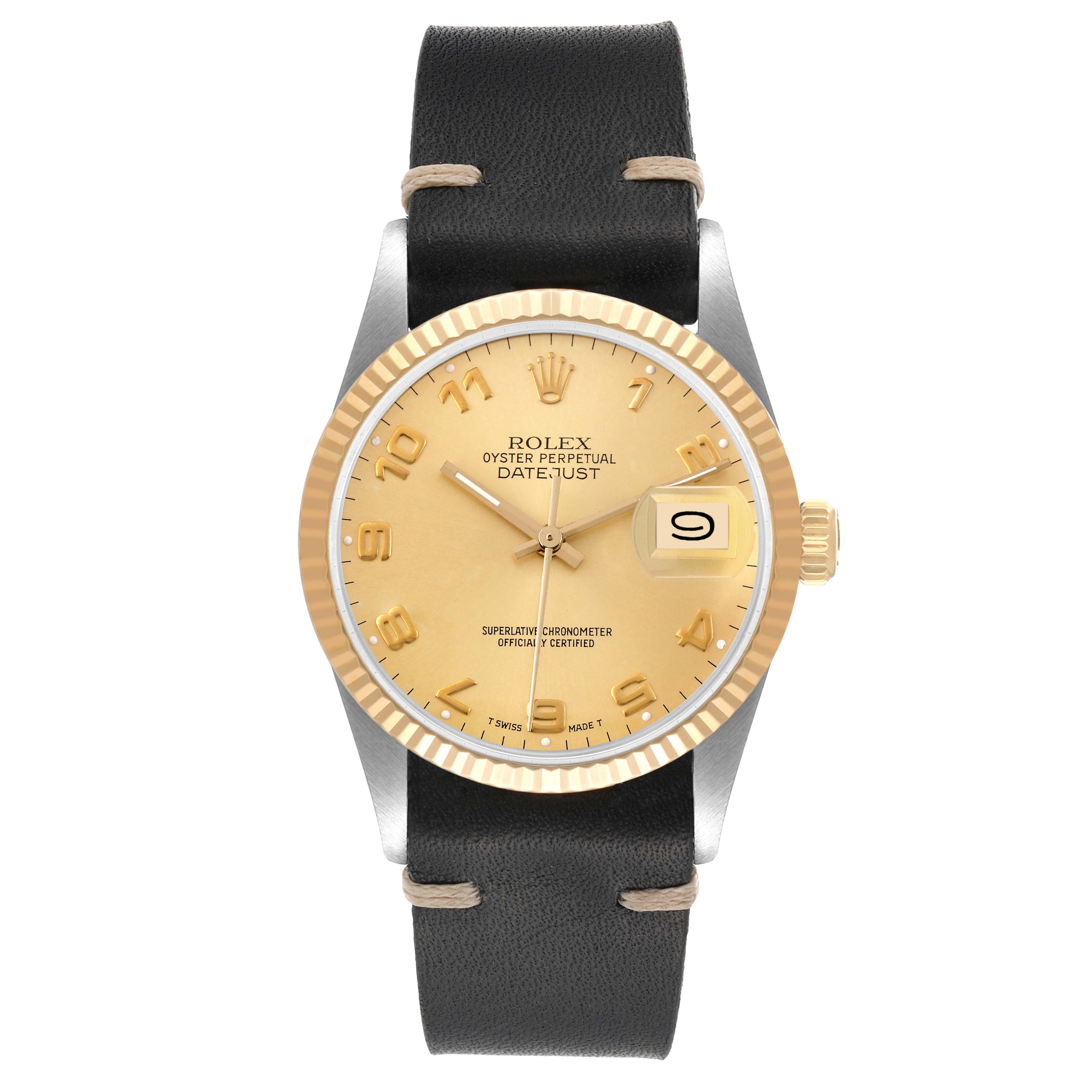 Rolex Datejust 36 Steel Yellow Gold Leather Strap Vintage Mens Watch 16013