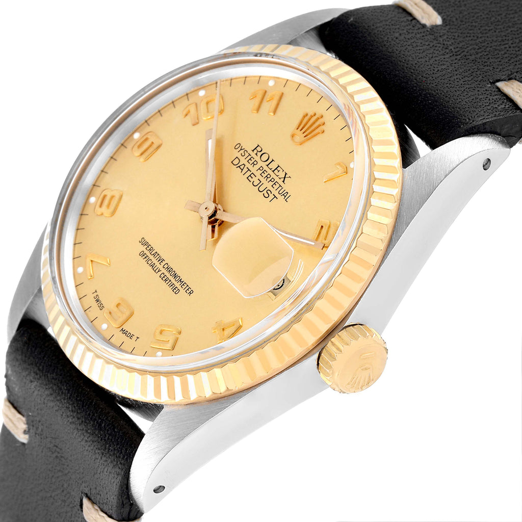 Rolex Datejust 36 Steel Yellow Gold Leather Strap Vintage Mens Watch 16013