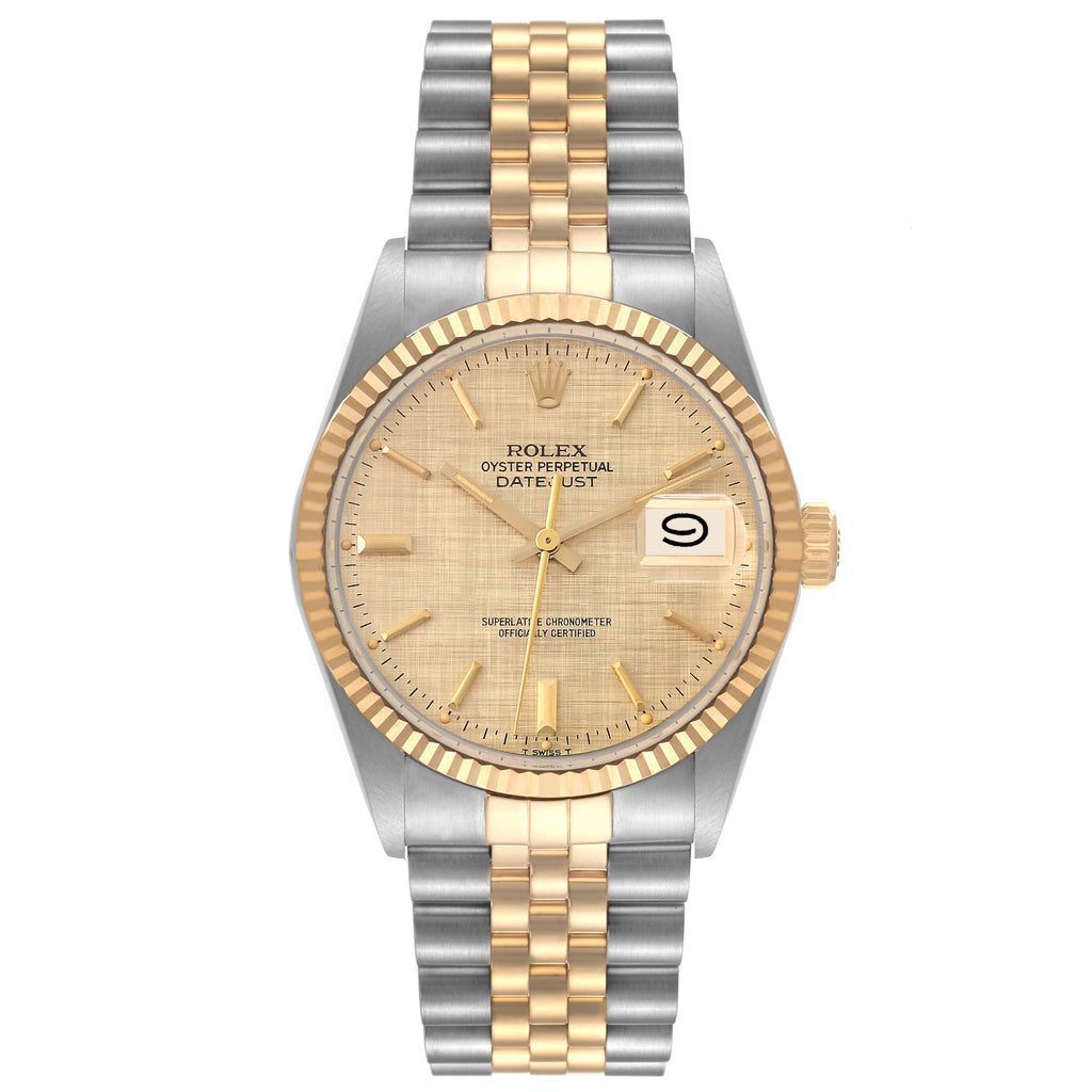 Rolex Datejust 36 Steel Yellow Gold Linen Dial Vintage Watch 16013 Box Papers