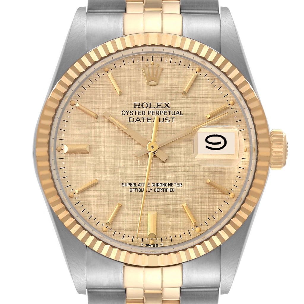 Rolex Datejust 36 Steel Yellow Gold Linen Dial Vintage Watch 16013 Box Papers
