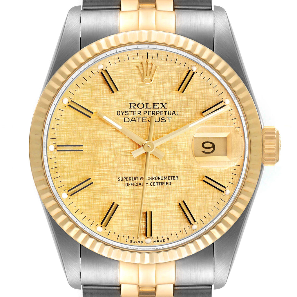 Rolex Datejust 36 Steel Yellow Gold Vintage Fat Boy Linen Dial Watch 16013 Box Papers