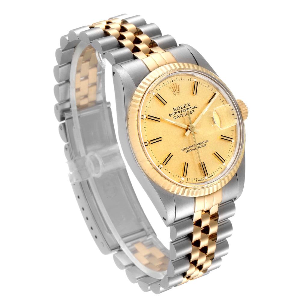 Rolex Datejust 36 Steel Yellow Gold Vintage Fat Boy Linen Dial Watch 16013 Box Papers