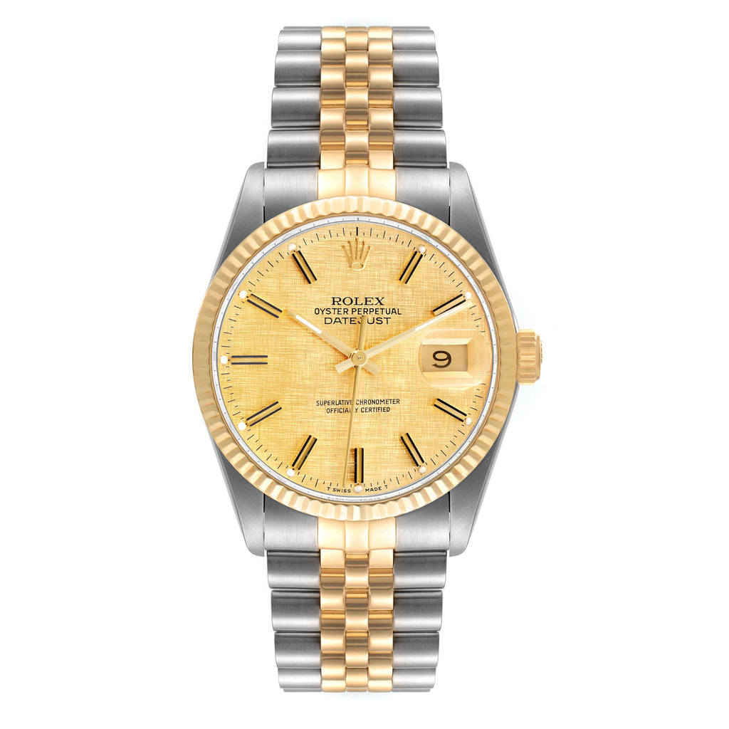 Rolex Datejust 36 Steel Yellow Gold Vintage Fat Boy Linen Dial Watch 16013 Box Papers