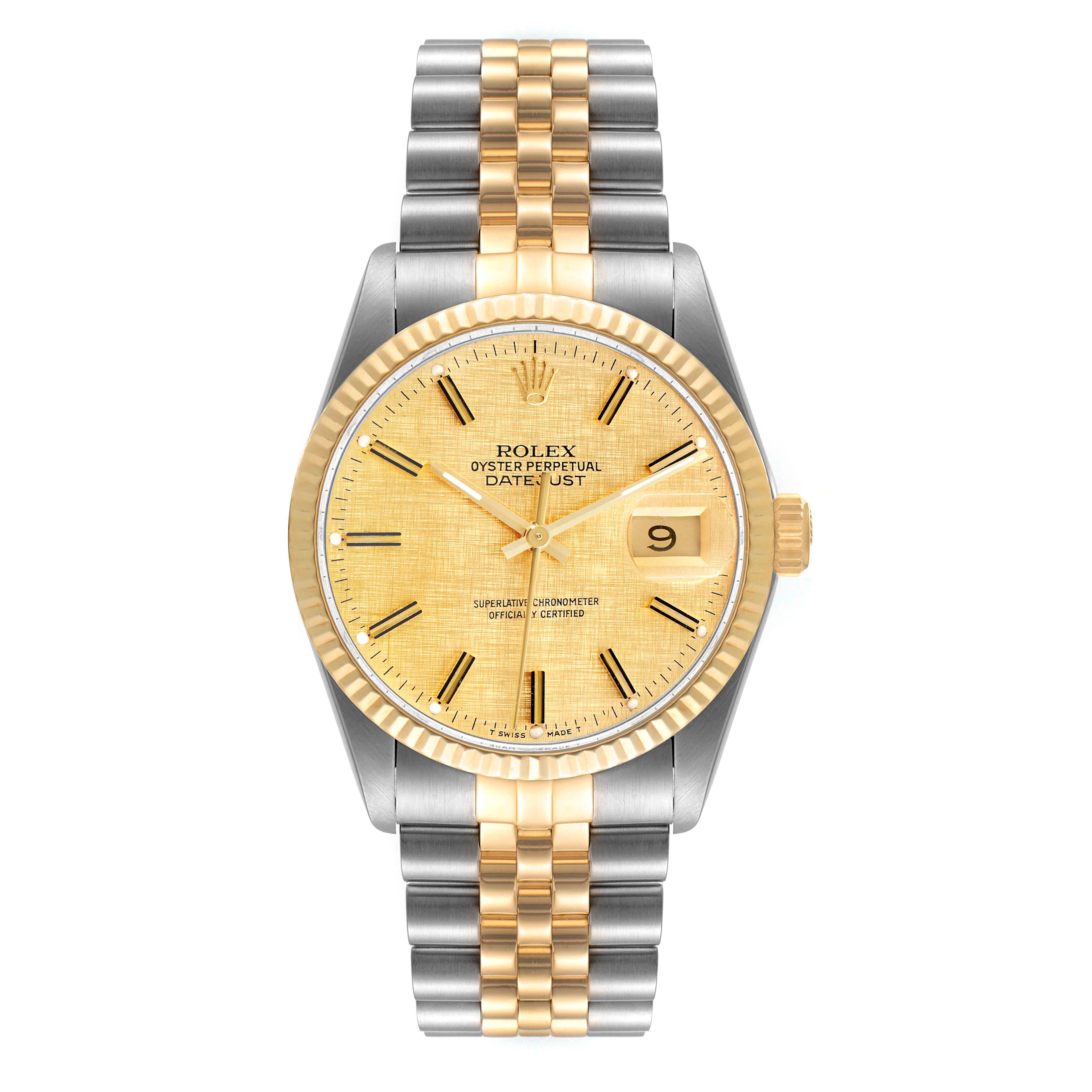 Rolex Datejust 36 Steel Yellow Gold Vintage Fat Boy Linen Dial Watch 16013 Box Papers