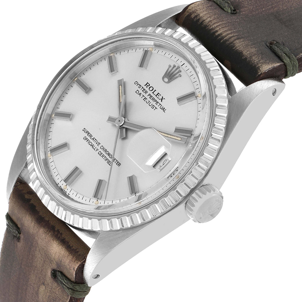 Rolex Datejust Silver Dial Brown Leather Strap Vintage Mens Watch 1603