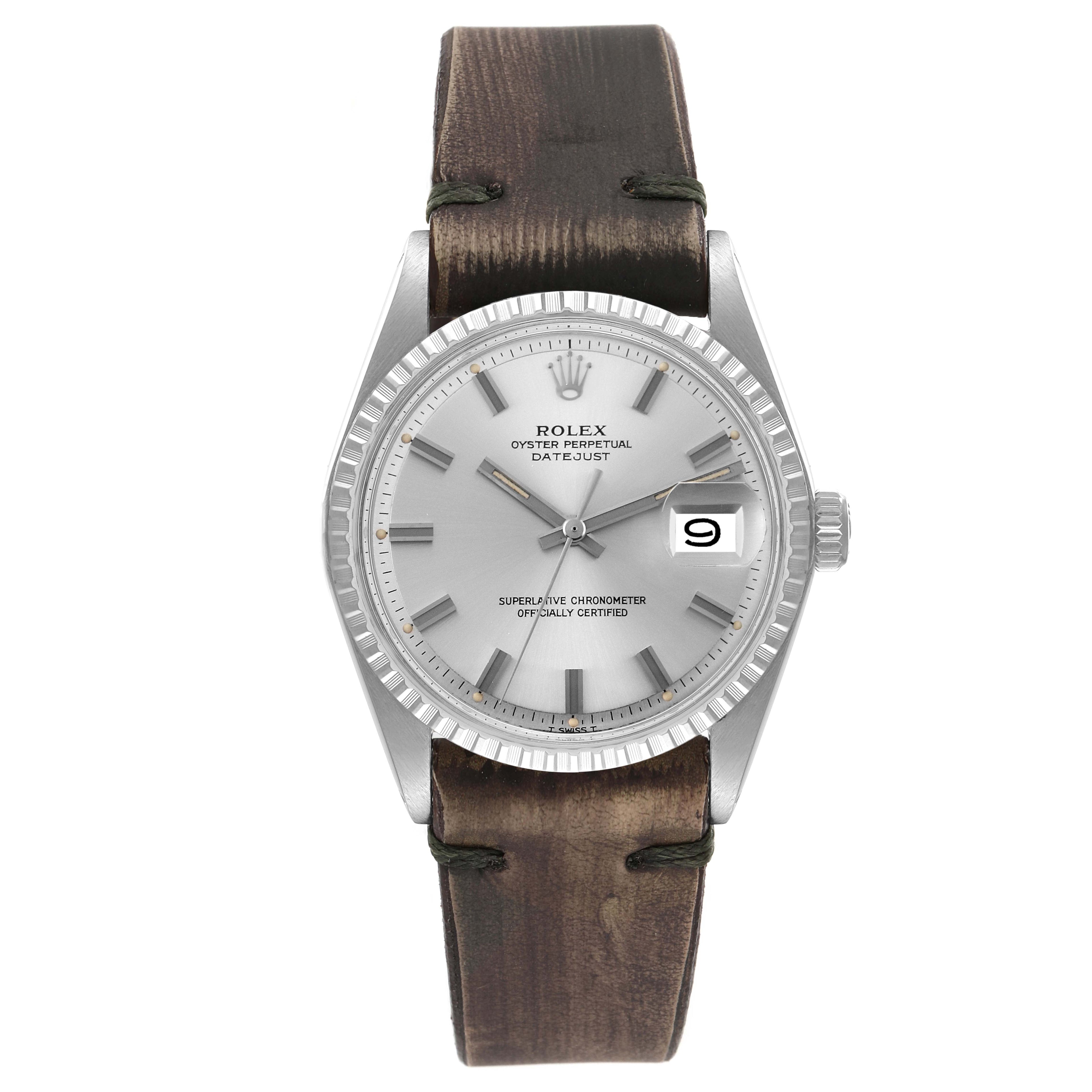 Rolex Datejust Silver Dial Brown Leather Strap Vintage Mens Watch 1603