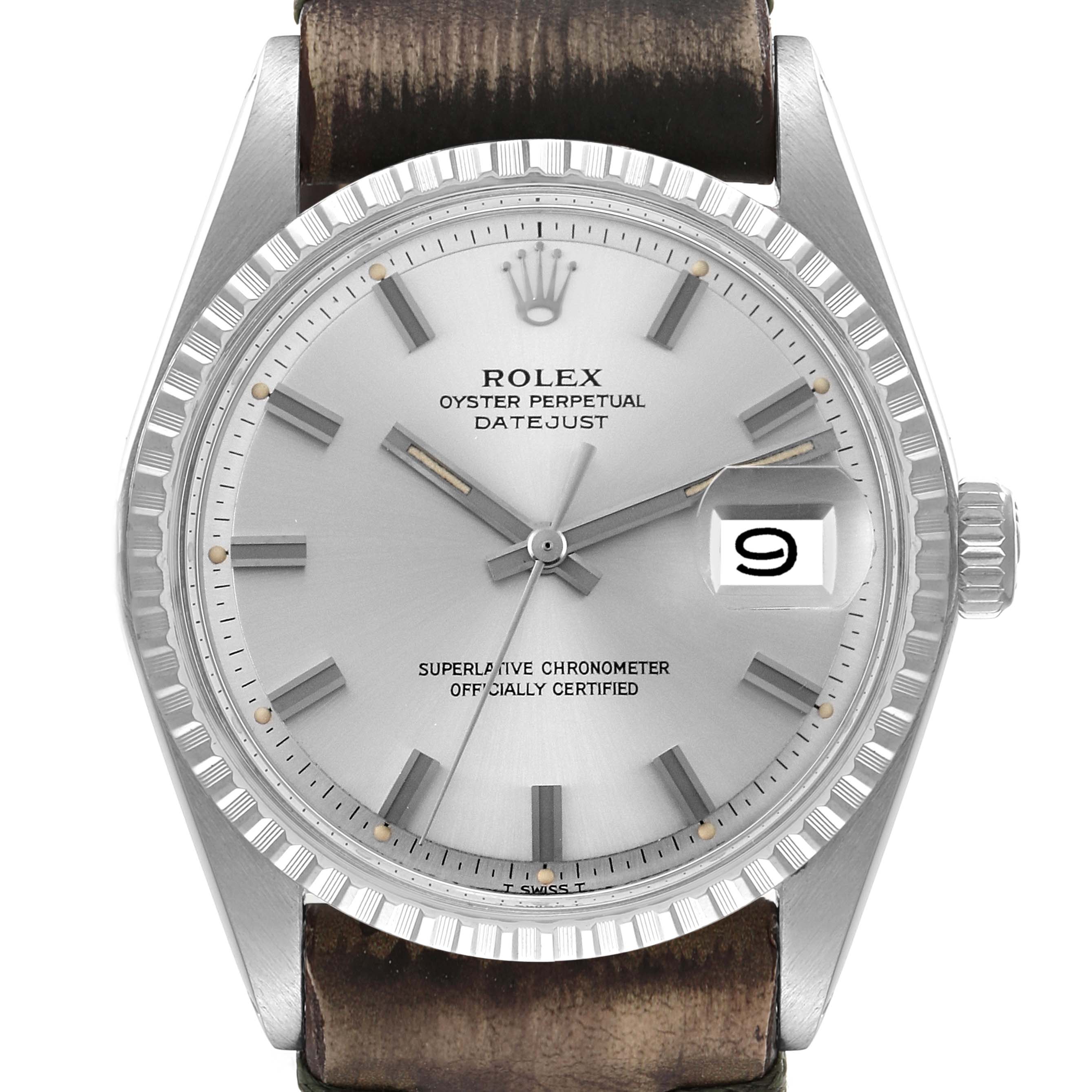 Rolex Datejust Silver Dial Brown Leather Strap Vintage Mens Watch 1603