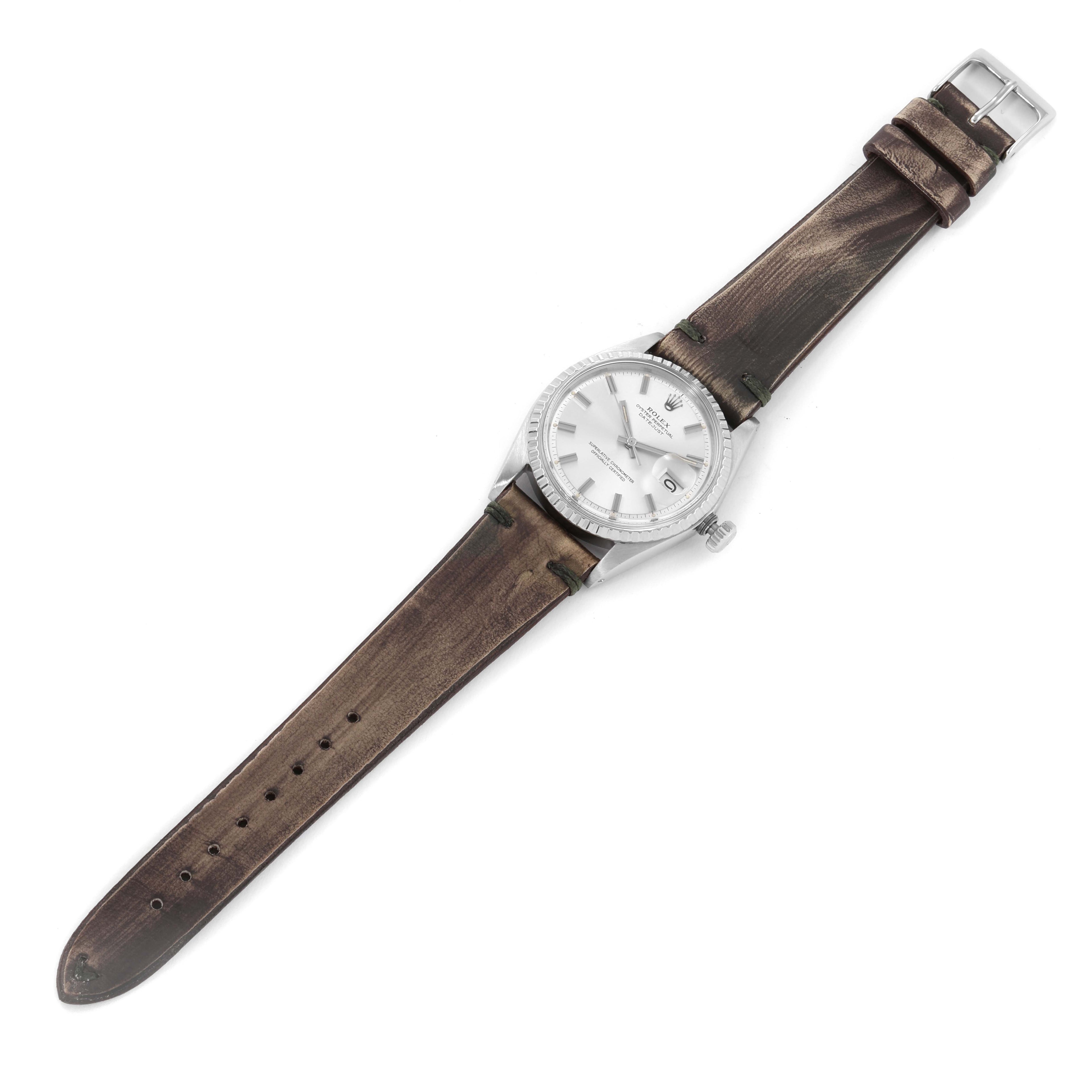 Rolex Datejust Silver Dial Brown Leather Strap Vintage Mens Watch 1603