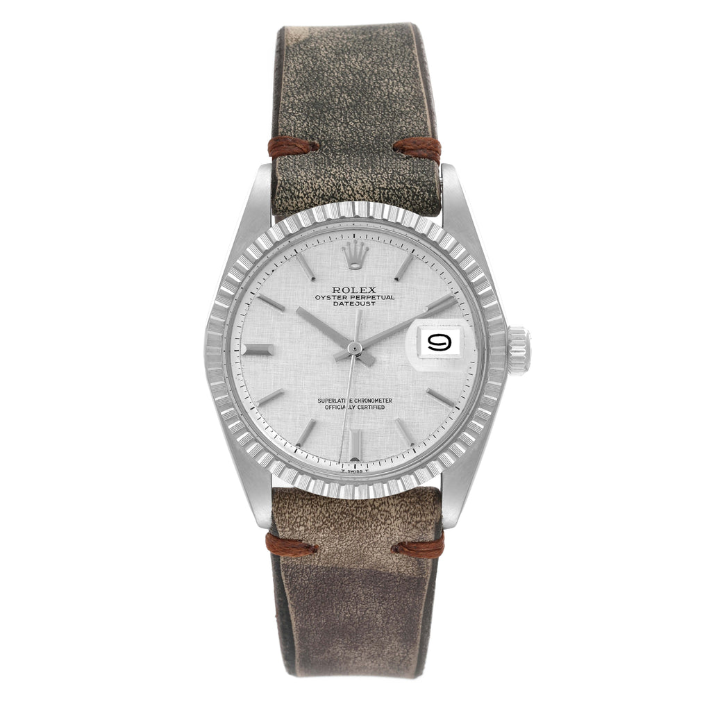 Rolex Datejust Silver Linen Dial Grey Leather Strap Vintage Mens Watch 1603