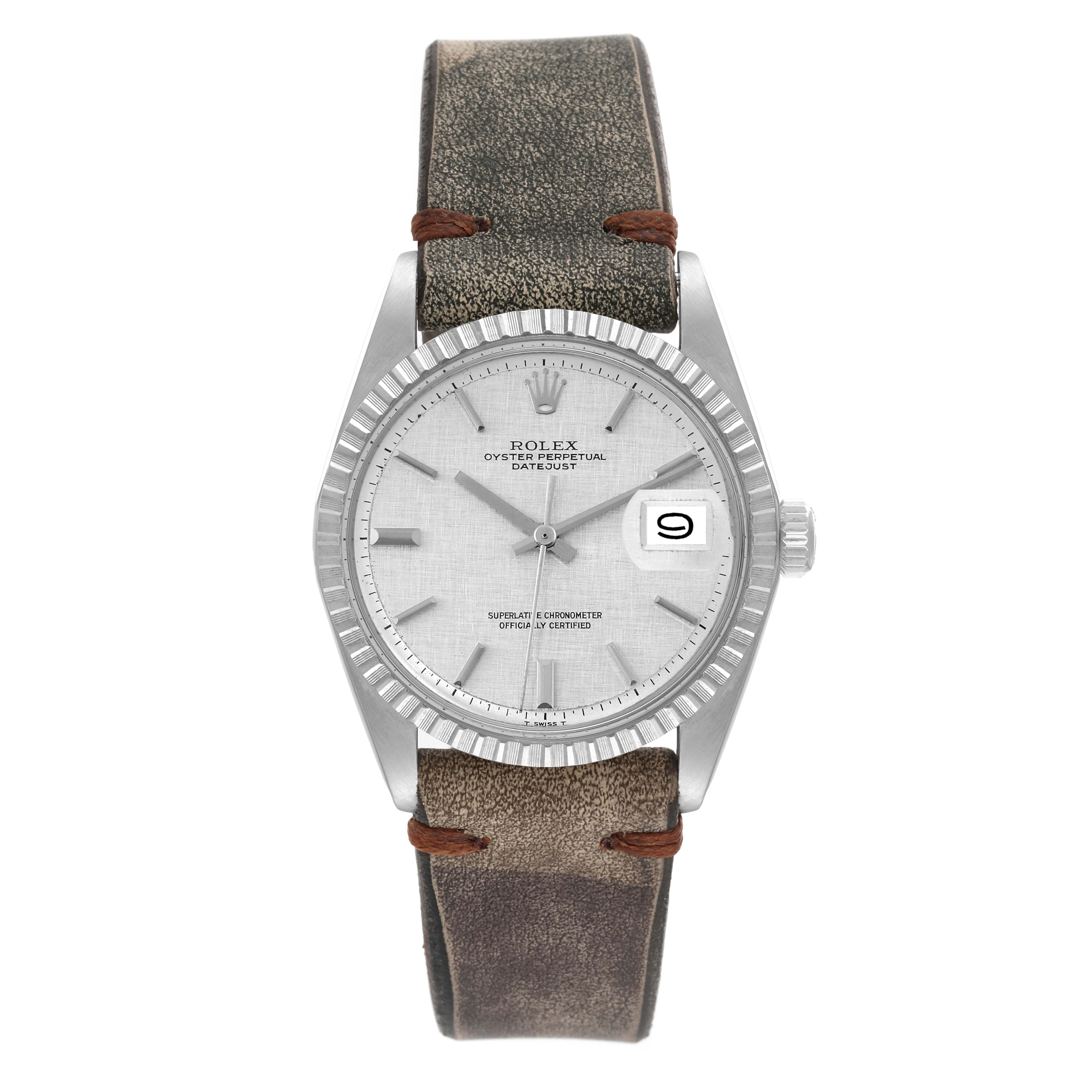 Rolex Datejust Silver Linen Dial Grey Leather Strap Vintage Mens Watch 1603