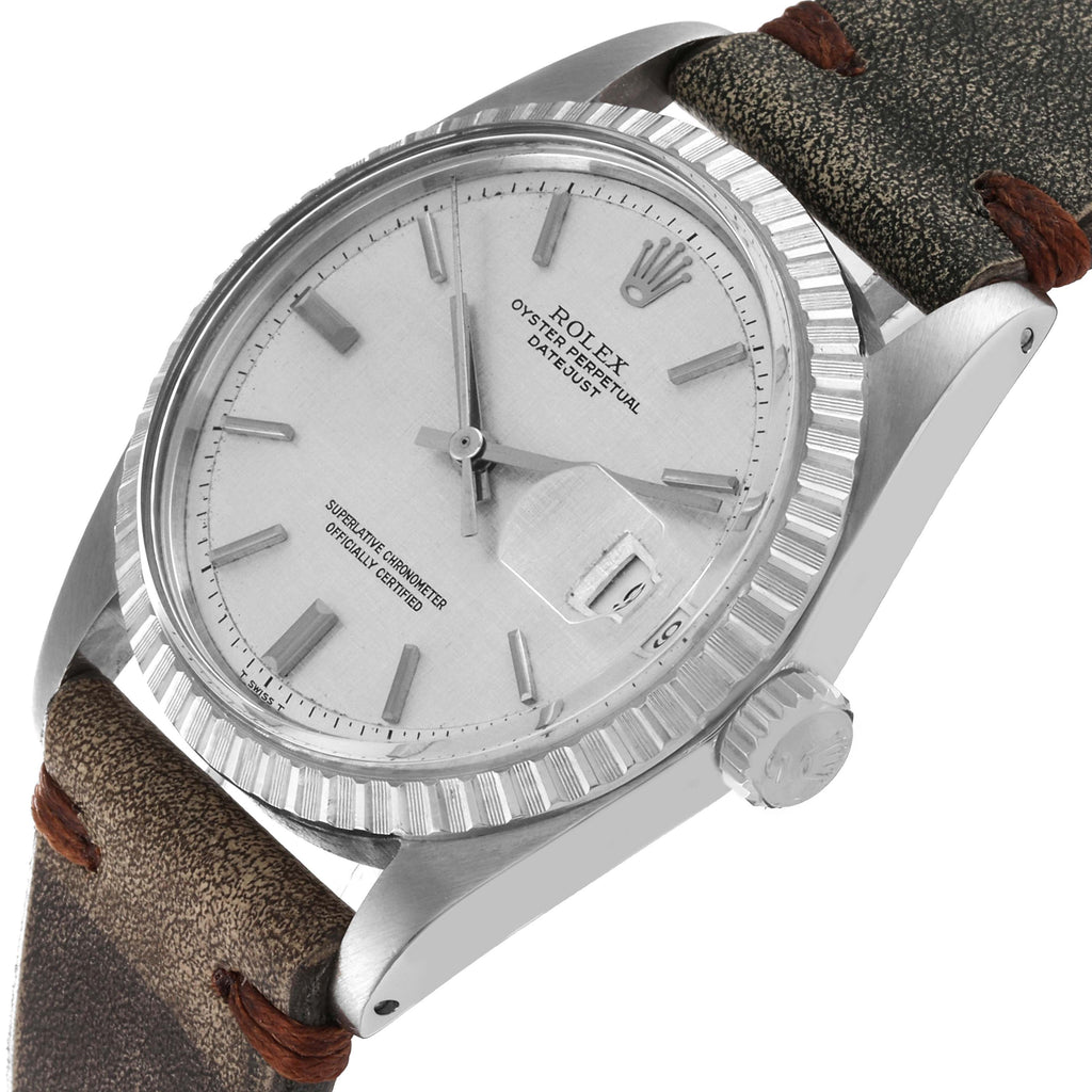 Rolex Datejust Silver Linen Dial Grey Leather Strap Vintage Mens Watch 1603