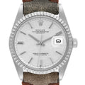 Rolex Datejust Silver Linen Dial Grey Leather Strap Vintage Mens Watch 1603