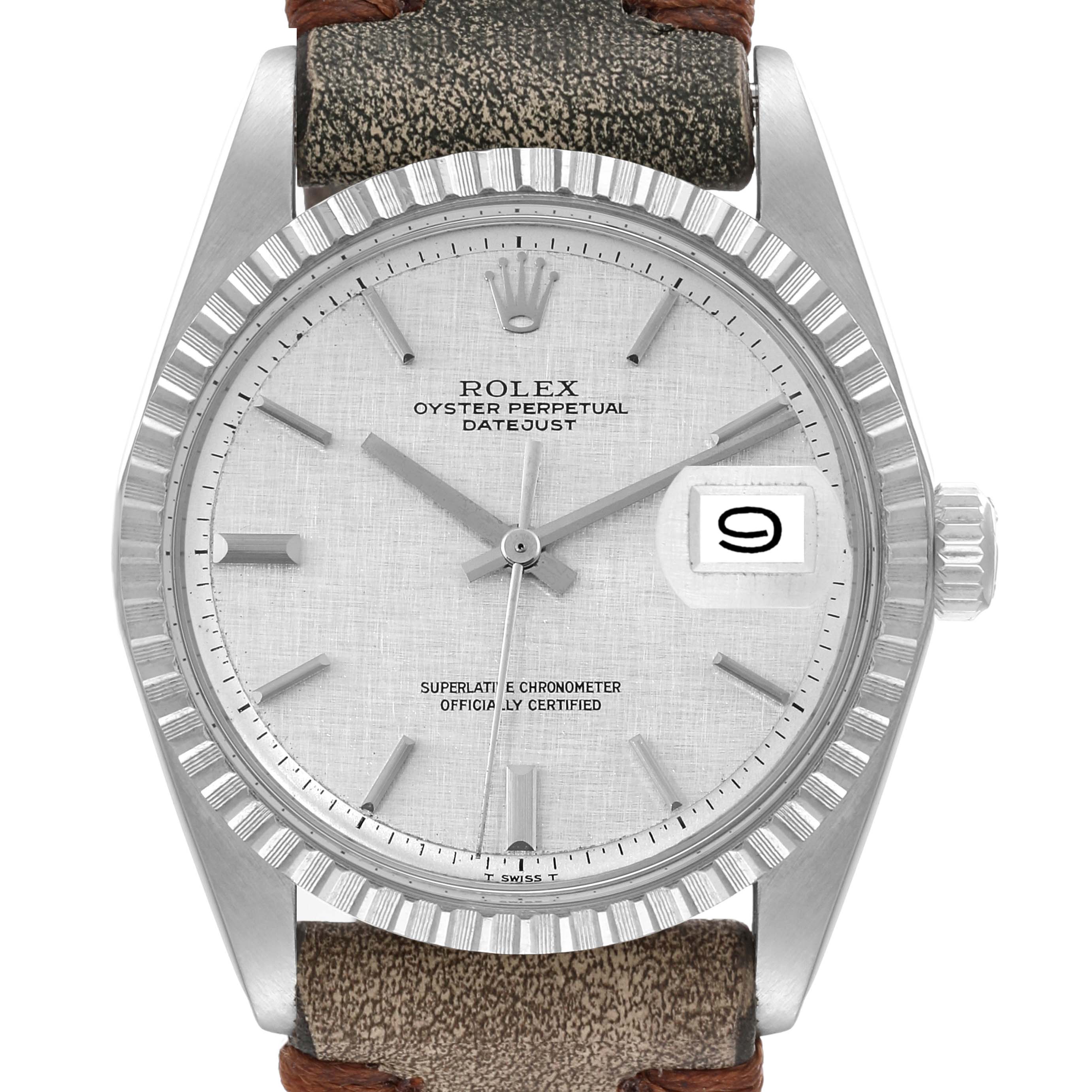 Rolex Datejust Silver Linen Dial Grey Leather Strap Vintage Mens Watch 1603